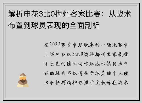 解析申花3比0梅州客家比赛：从战术布置到球员表现的全面剖析